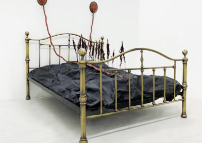 Untitled 2019 (Incubator) Bedstead, clay, paper, plants, wood frames.