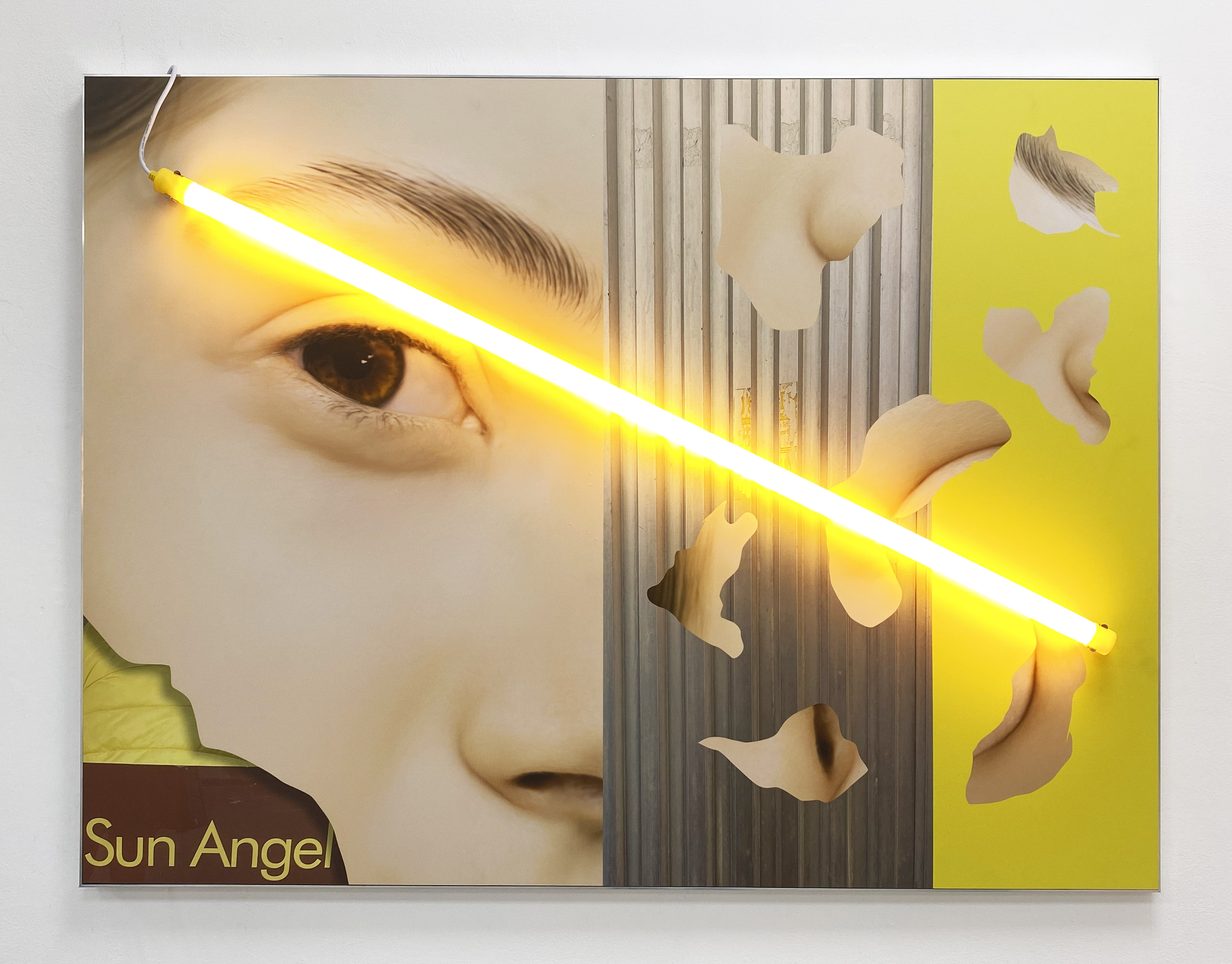 'sun Angel'. 2022 93cm x 123cm pigment ink on archival matt. LED tube, Dibond and aluminium.